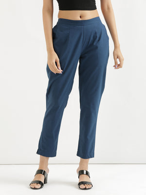 Women Peacock Blue Cotton Pant