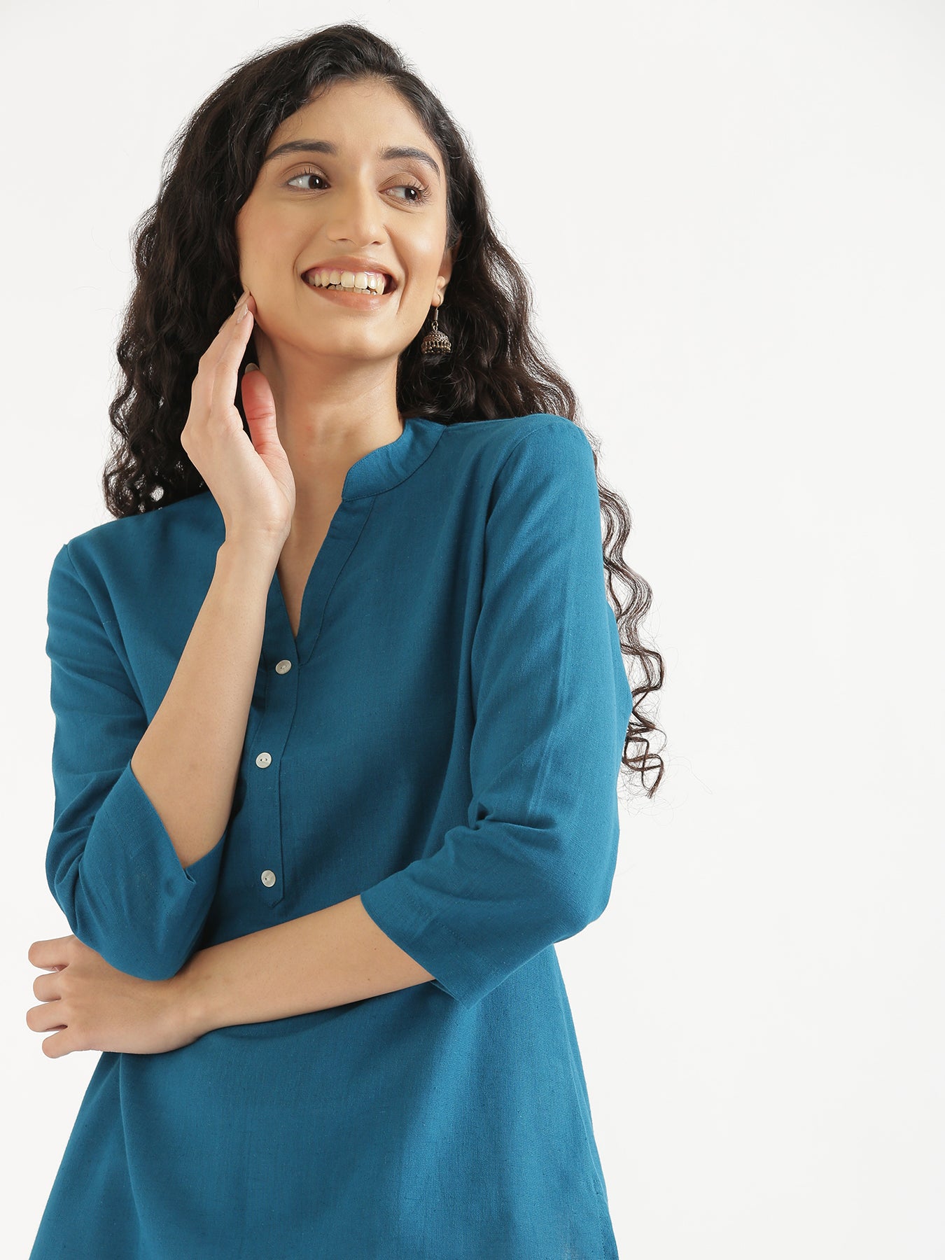 Turquoise Short Kurta with White Cotton Pant