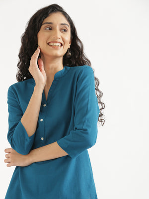 Women Turquoise Airy Linen Short Kurta