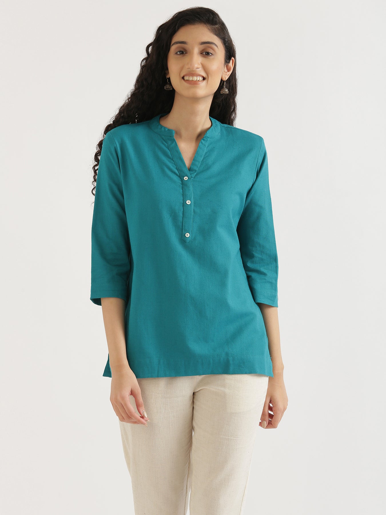 Women Teal Airy Linen Short Kurta