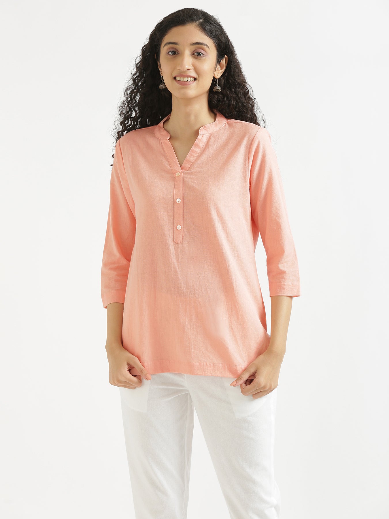 Women Peach Airy Linen Short Kurta