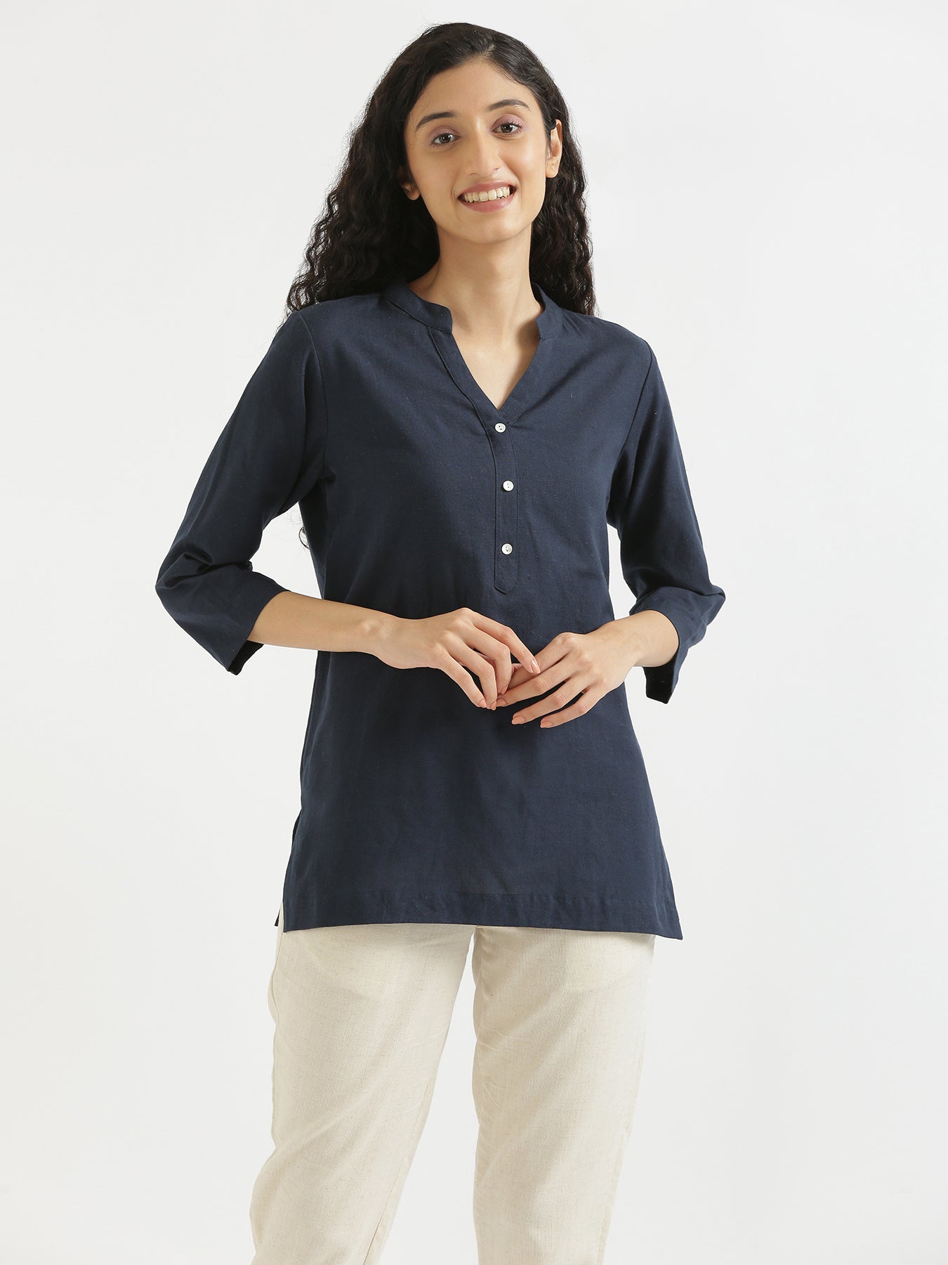 Women Navy Blue Airy Linen Short Kurta
