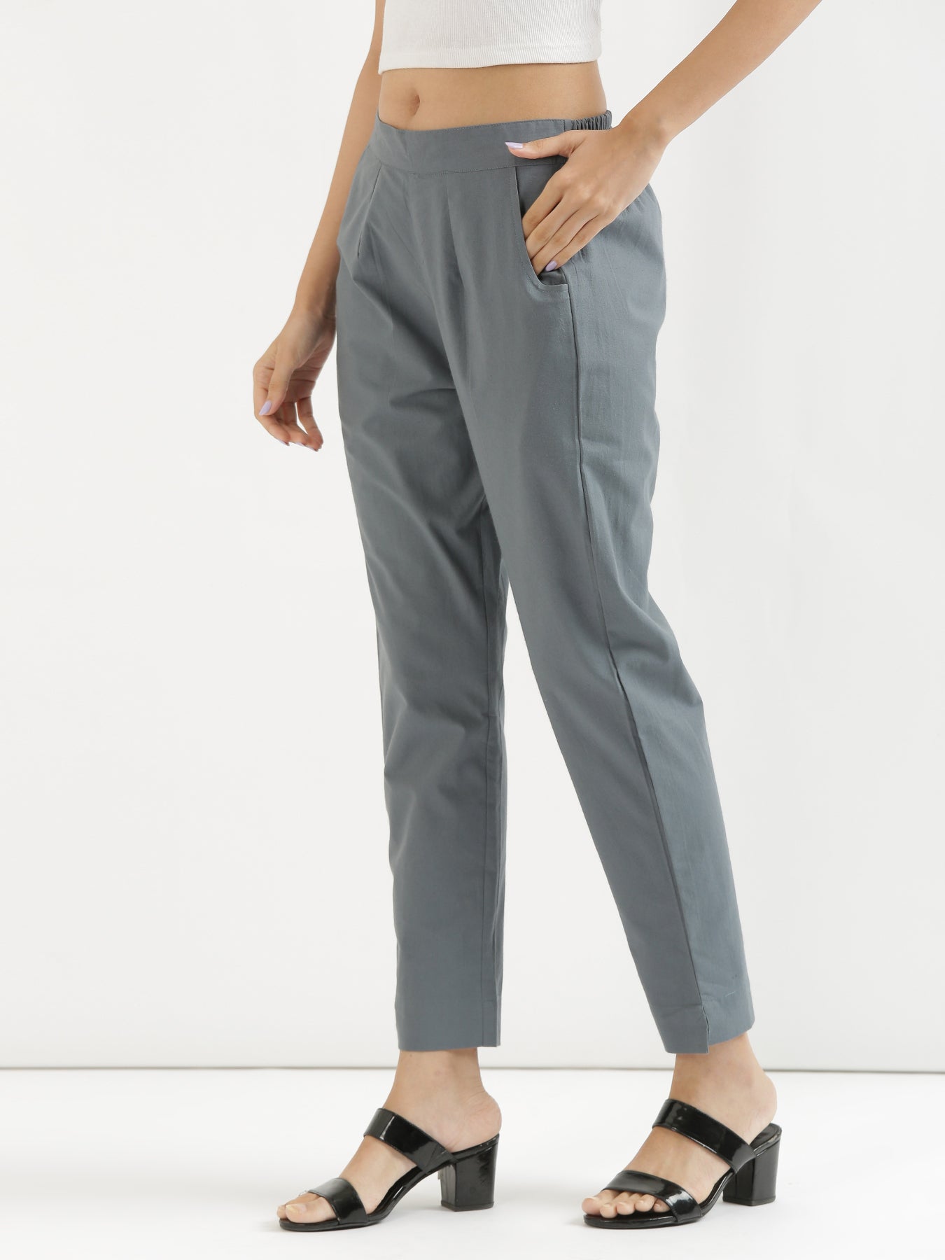 Women Black & Cement Grey Cotton Pant