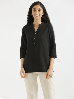 Women Black Airy Linen Short Kurta