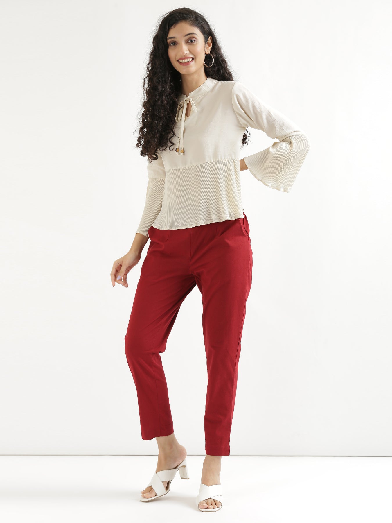 Maroon Cotton Pant with Ecru Airy Linen Short Kurta