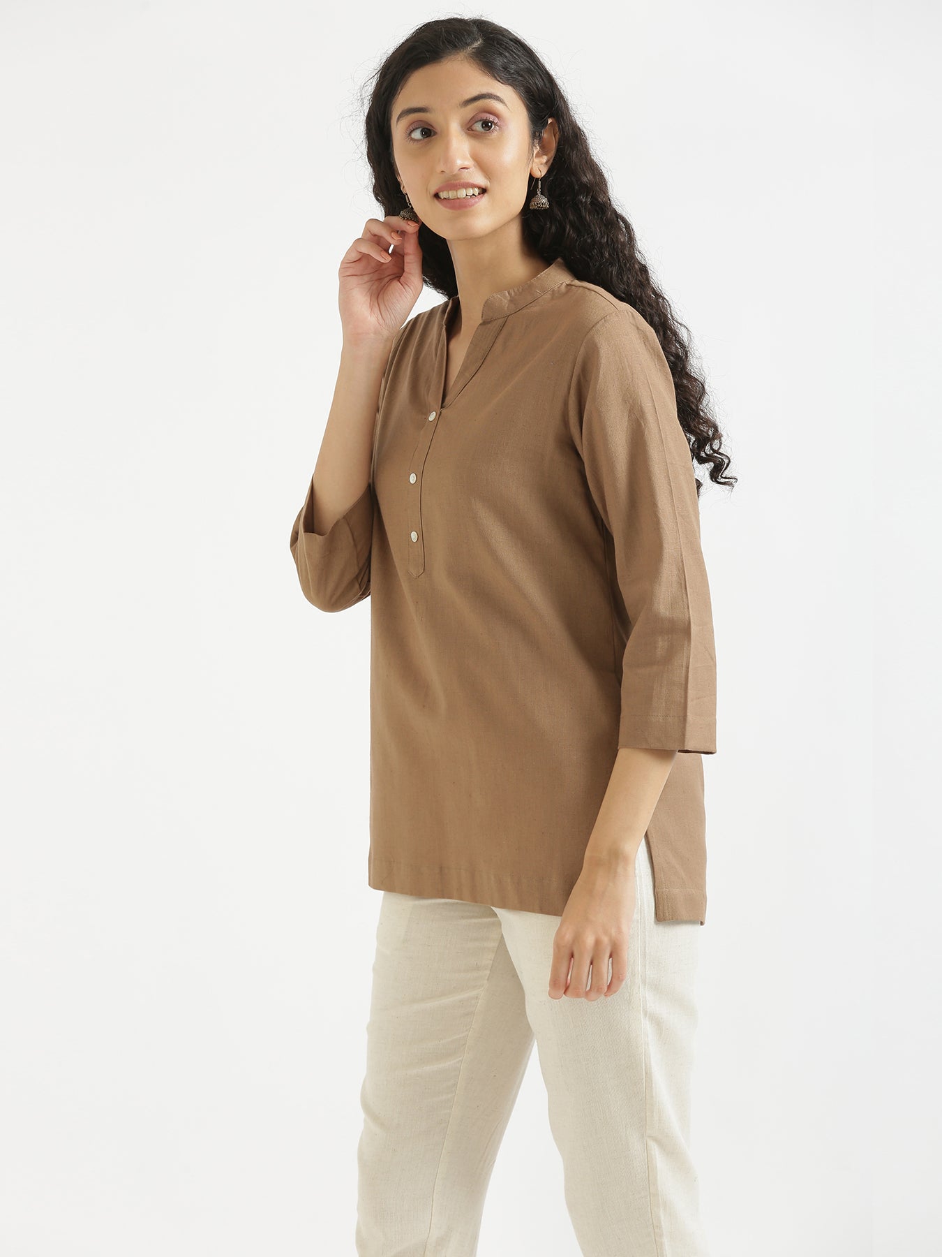 Women Coffee Brown Airy Linen Short Kurta