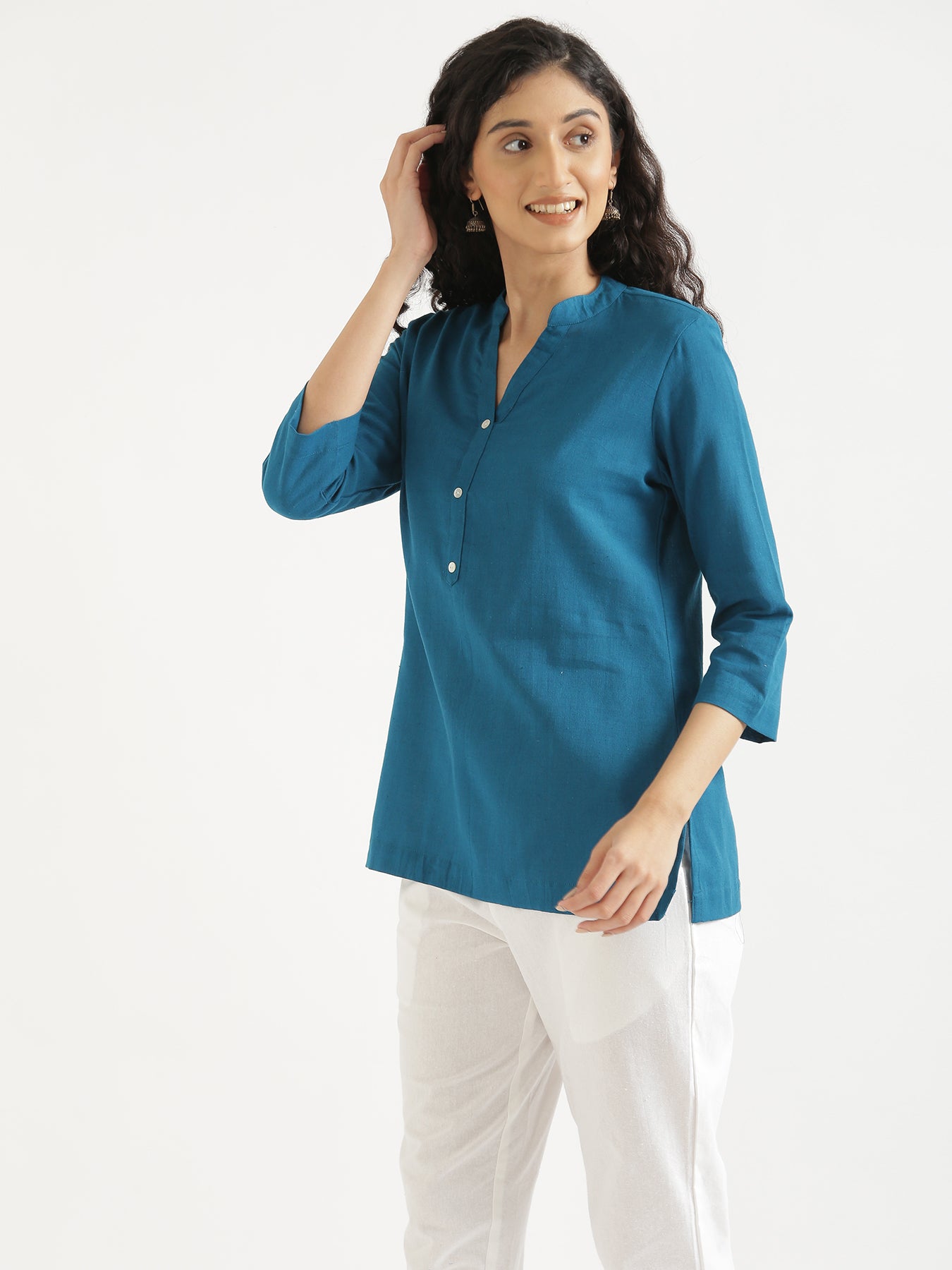 Turquoise Short Kurta with White Cotton Pant