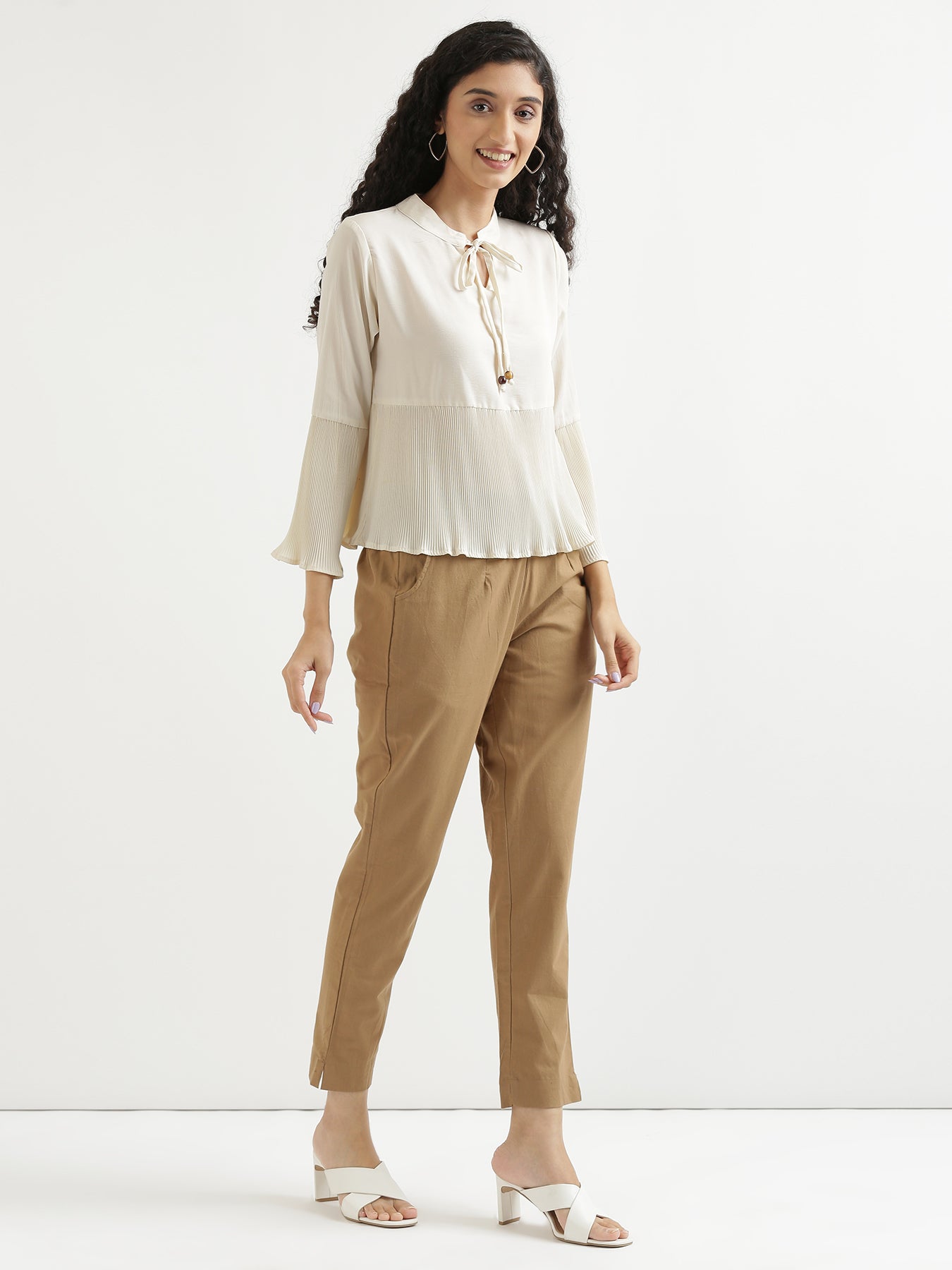 Coffee Brown Cotton Trouser For Women, Regular Fit