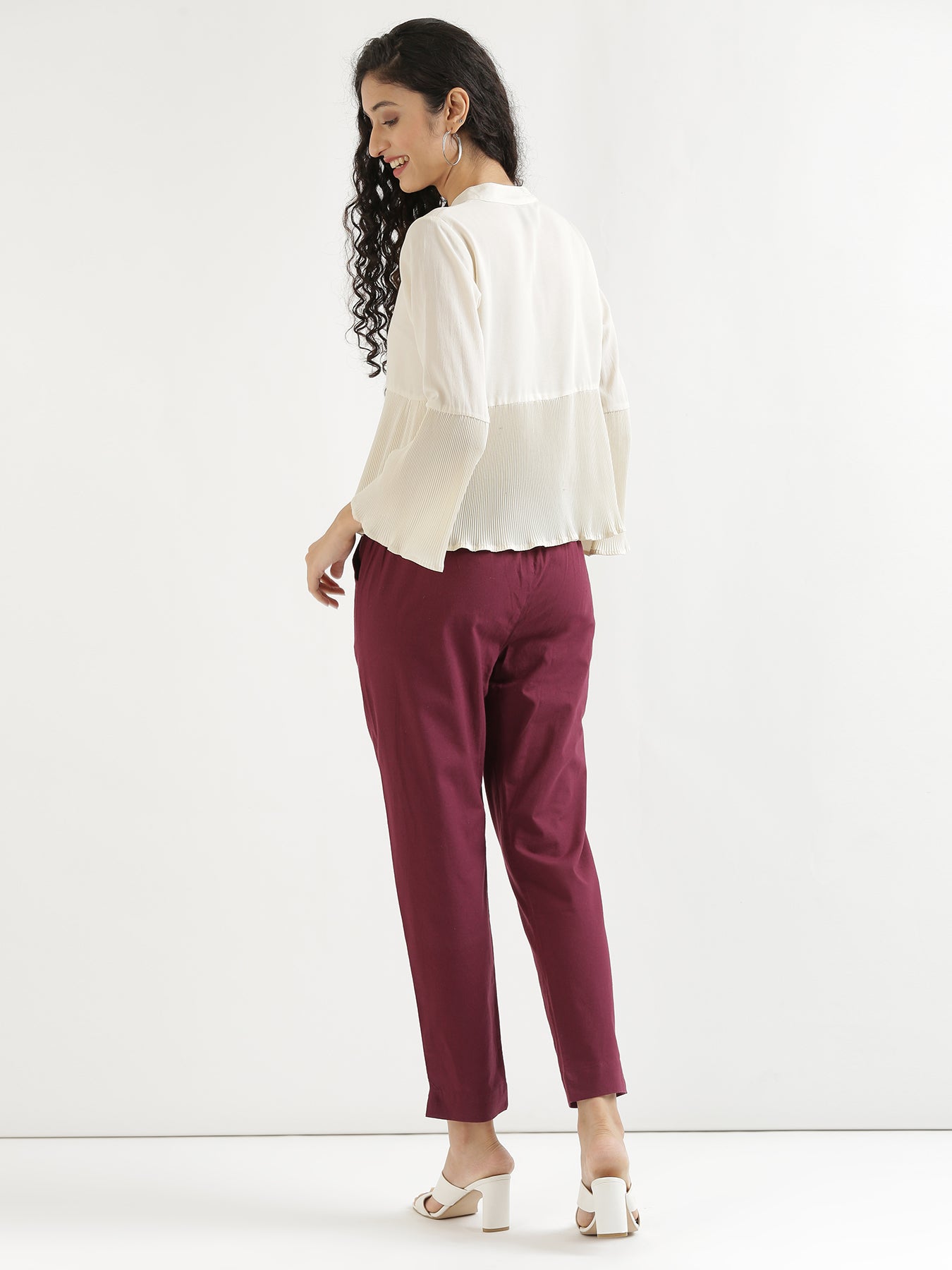 Ecru Short Kurta with Wine Cotton Pant