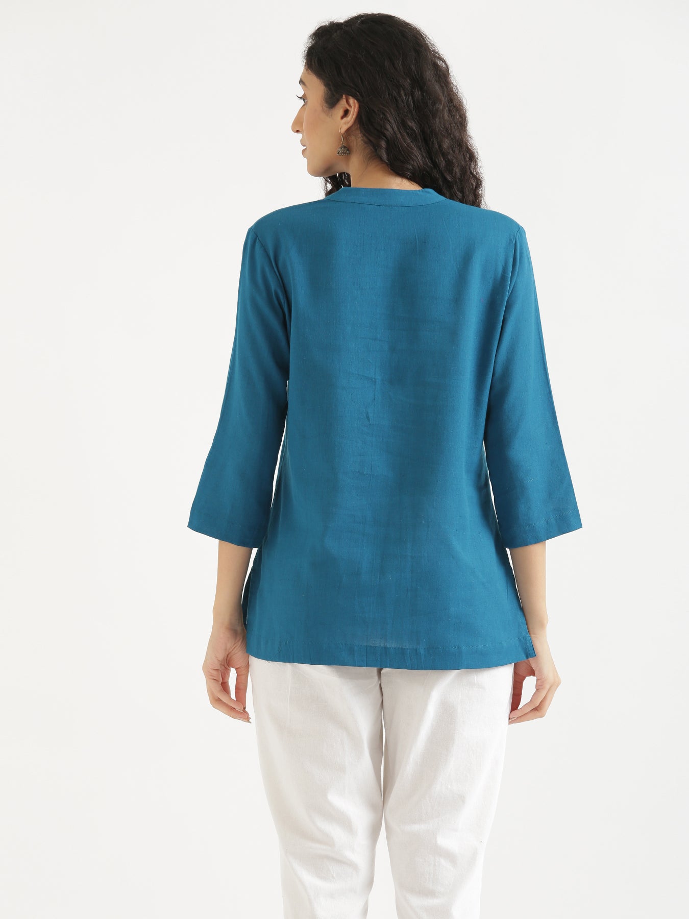 Turquoise Short Kurta with White Cotton Pant