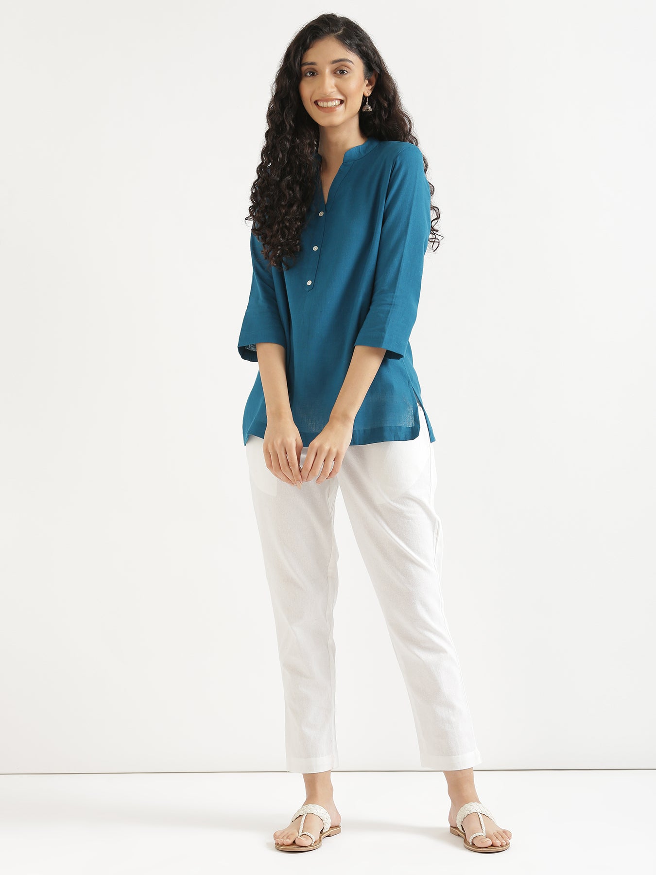 Turquoise Short Kurta with White Cotton Pant