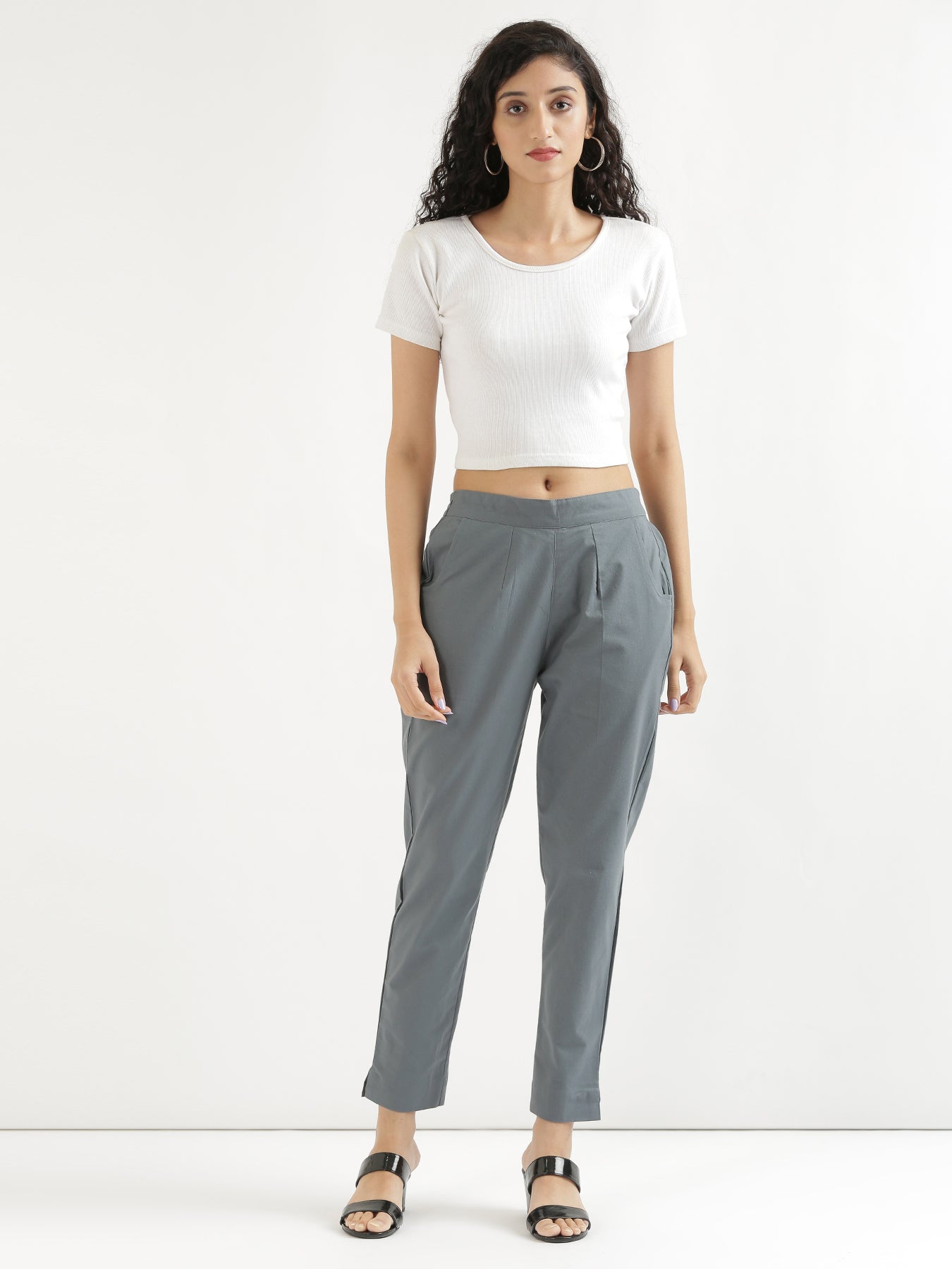Women Black & Cement Grey Cotton Pant
