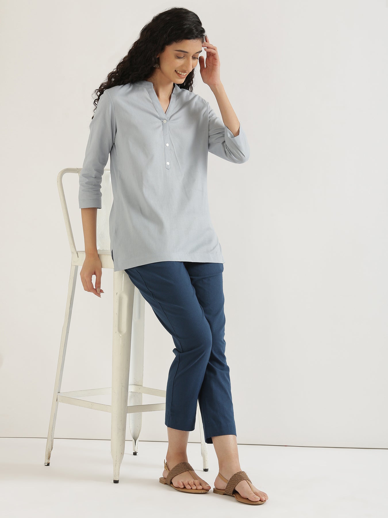 Sky Blue Short Kurta with Navy Blue Cotton Pant