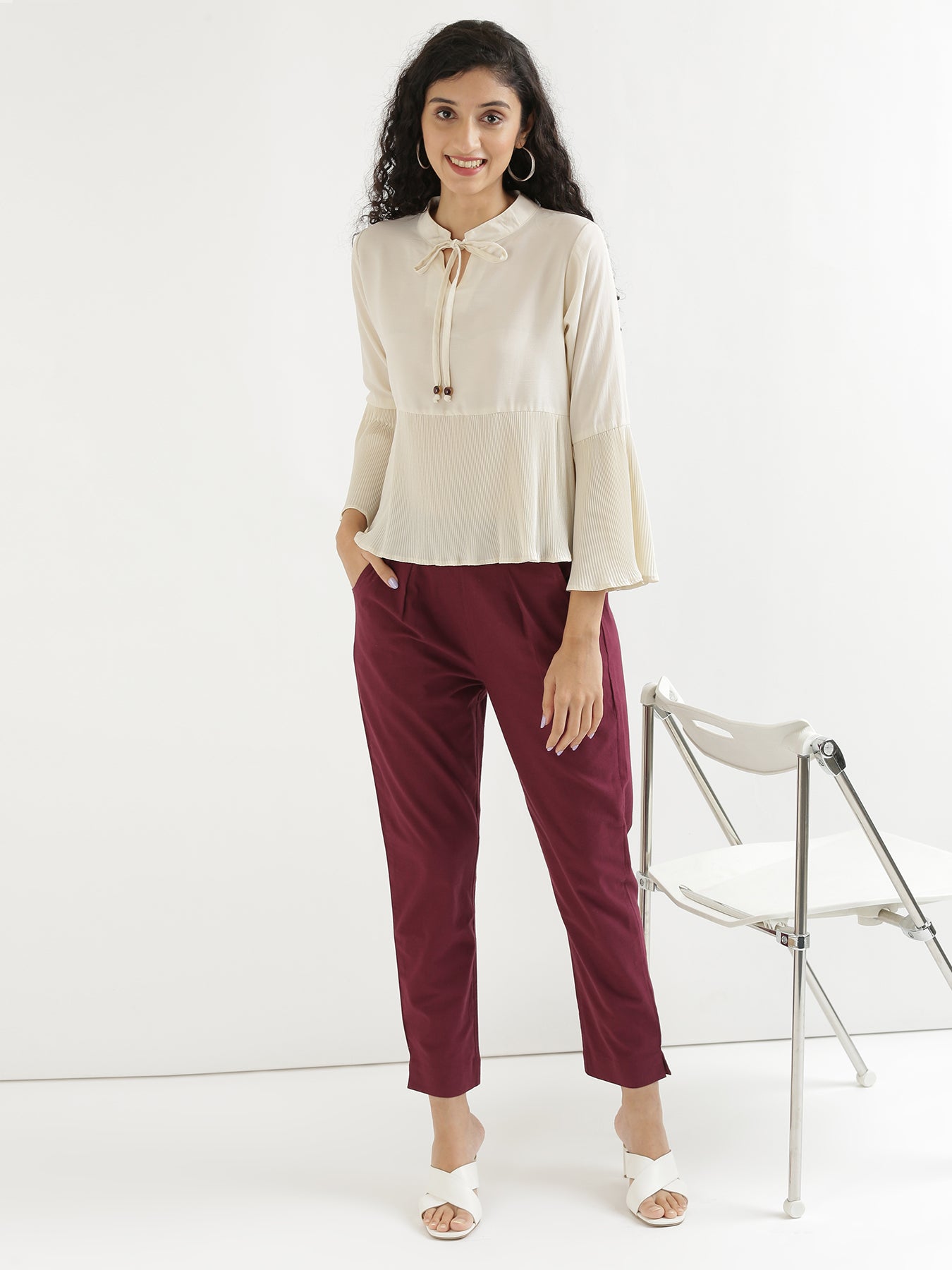 Ecru Short Kurta with Wine Cotton Pant