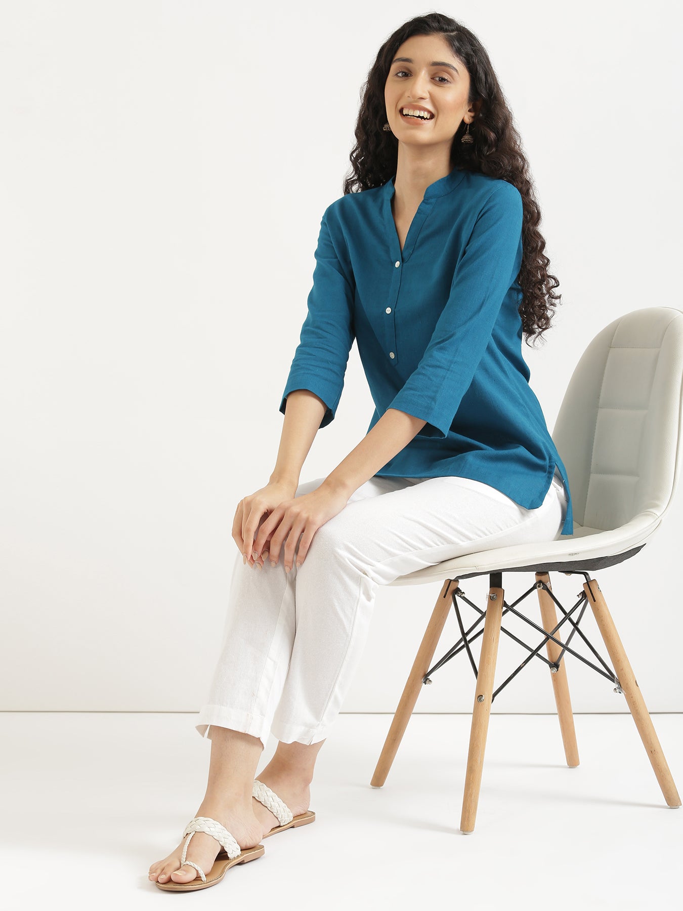 Turquoise Short Kurta with White Cotton Pant