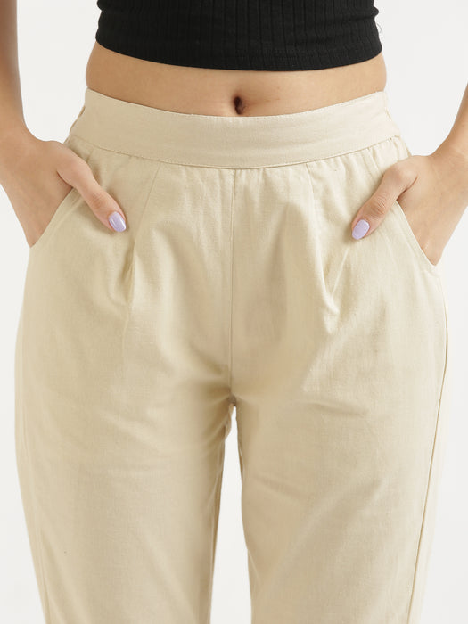 Women Black & Beige Cotton Pant