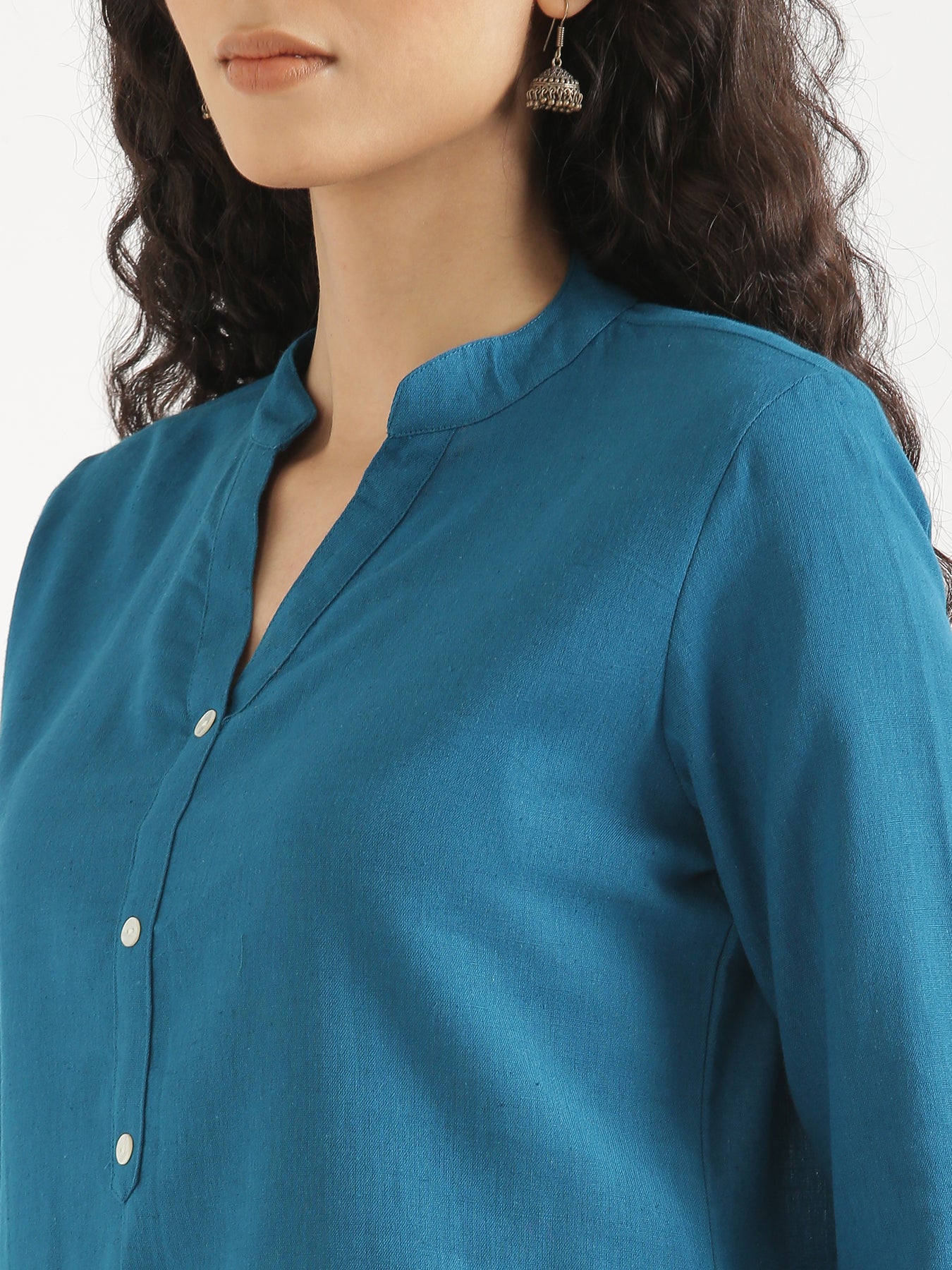 Turquoise Short Kurta with White Cotton Pant