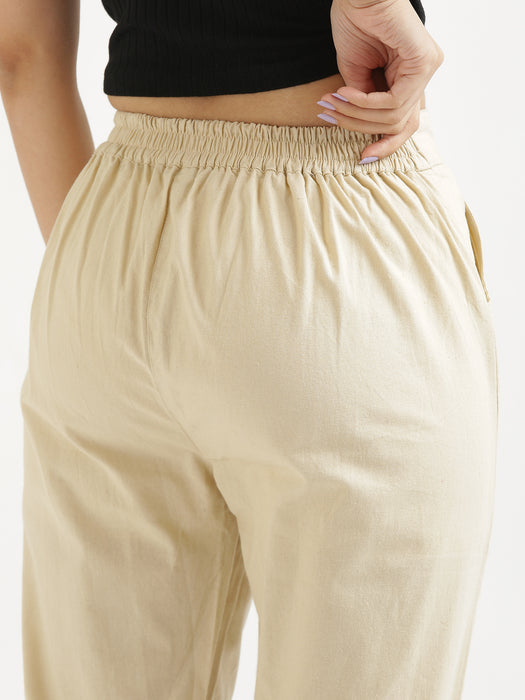 Women Black & Beige Cotton Pant