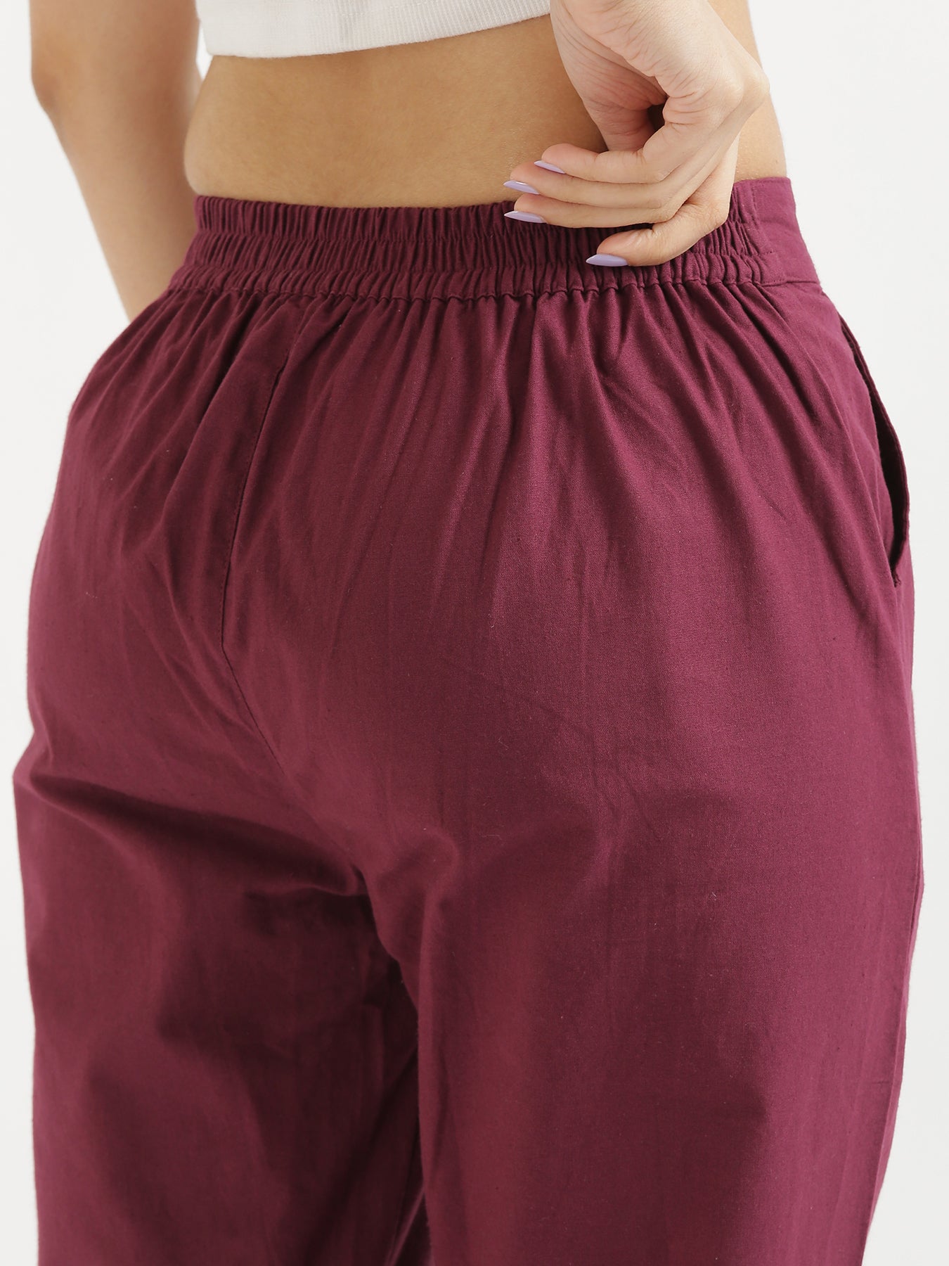 Women Salmon Pink Airy Linen Long Kurta & Wine Cotton Pant Set