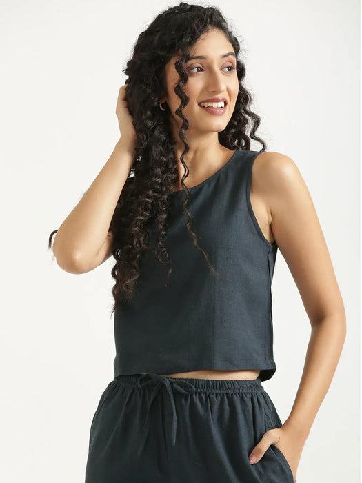Women Navy Blue Flowy Linen Short Set