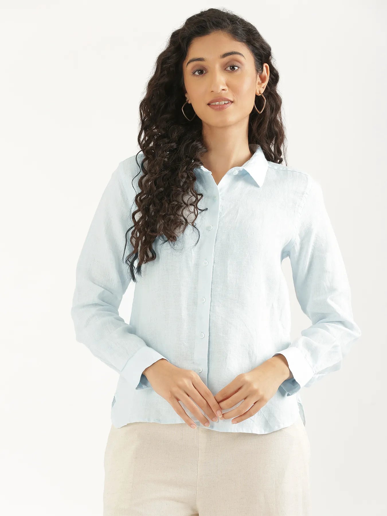 Women Light Blue Pure Linen Shirt