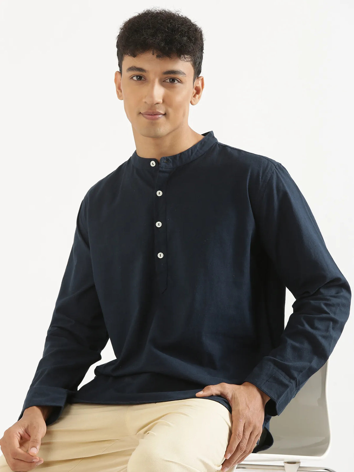 Pick Any 5 Men Short Kurta - Navy Blue Airy Linen