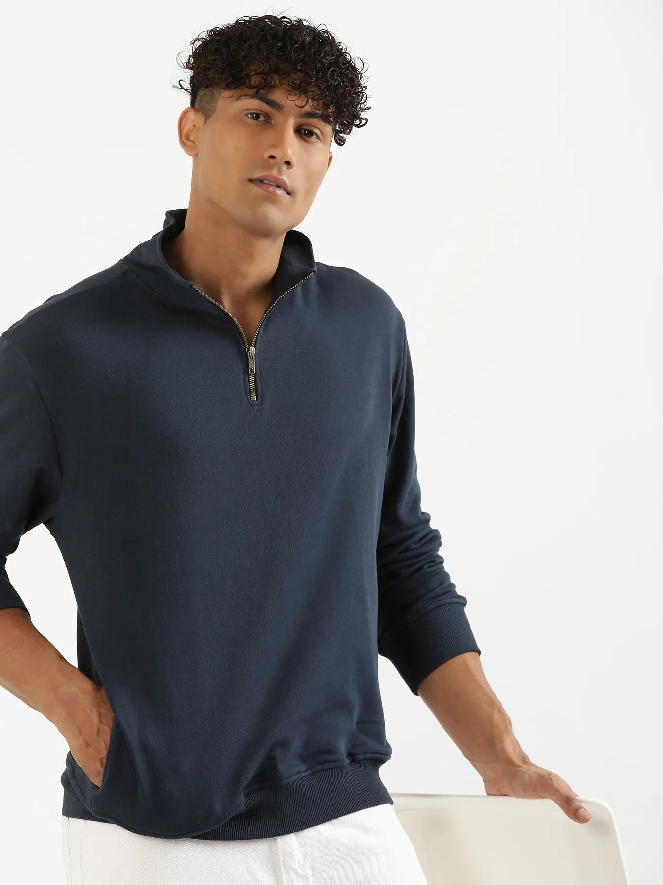 Unisex Navy Blue Zip Neck Sweatshirt