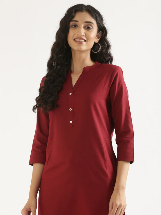 Women Maroon Airy Linen Long Kurta