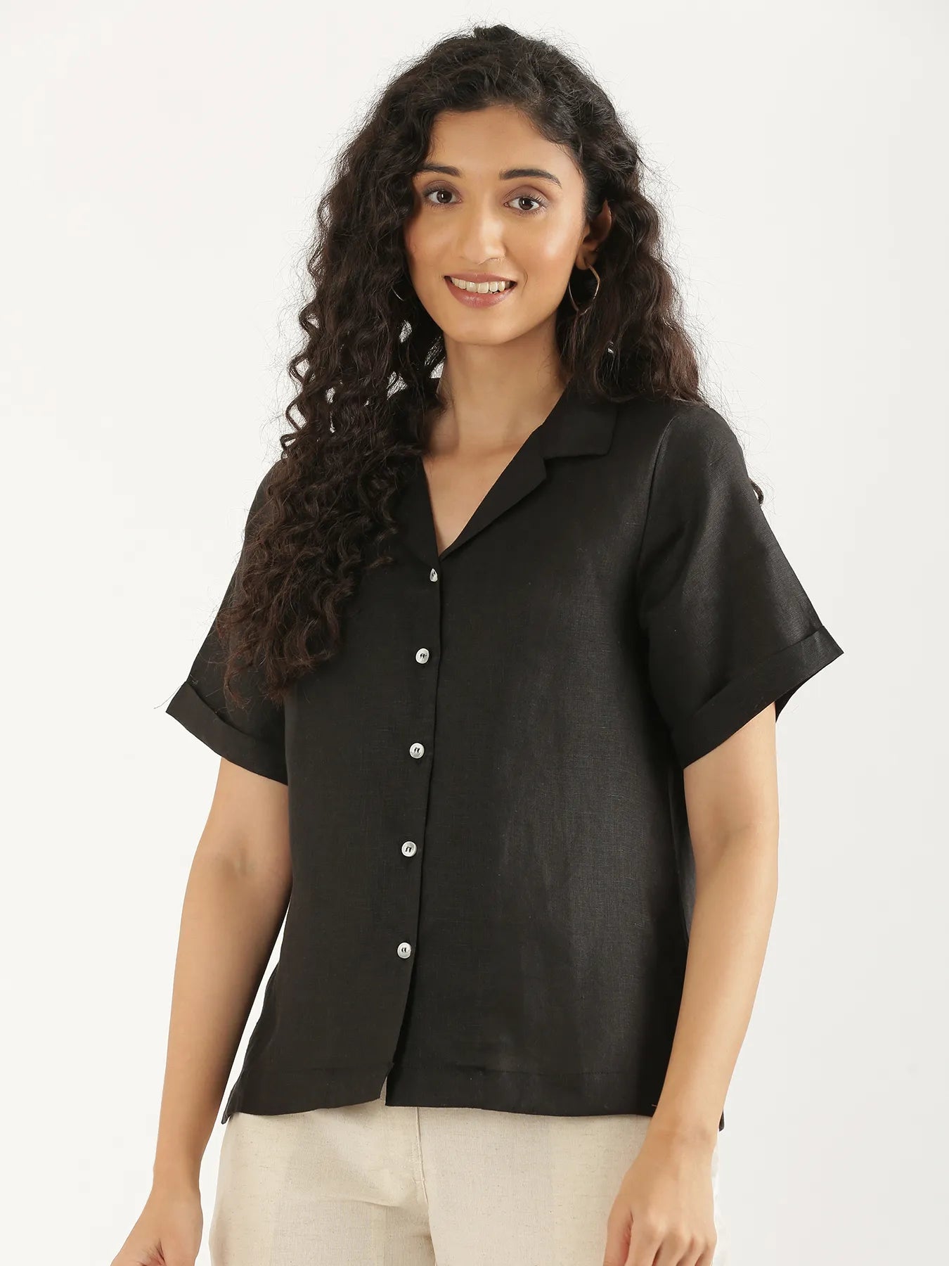 Women Black Pure Linen Notch Collar Shirt