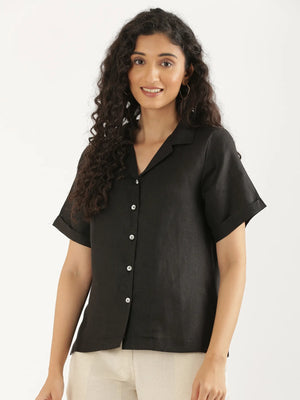 Women Black Pure Linen Notch Collar Shirt