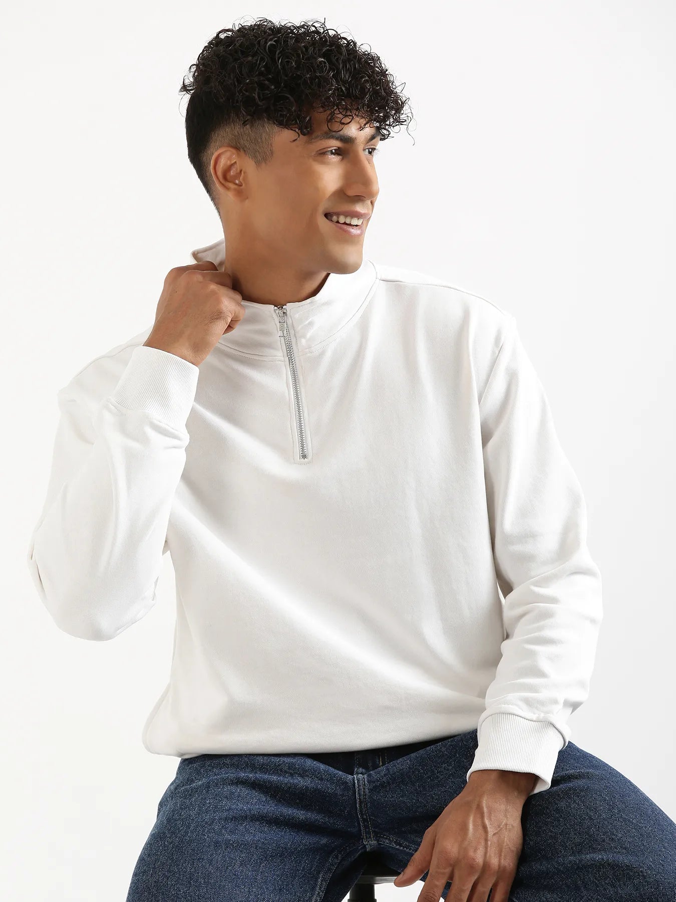Unisex White Zip Neck Sweatshirt