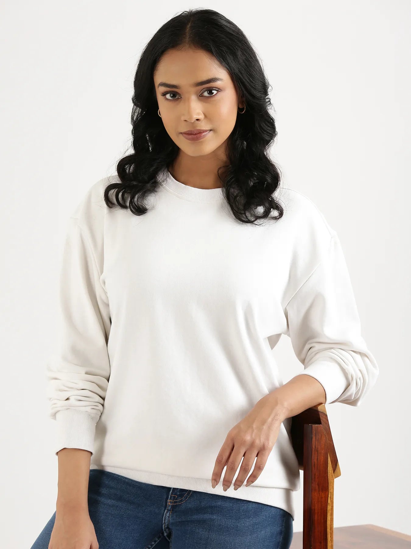 Unisex White Round Neck Sweatshirt