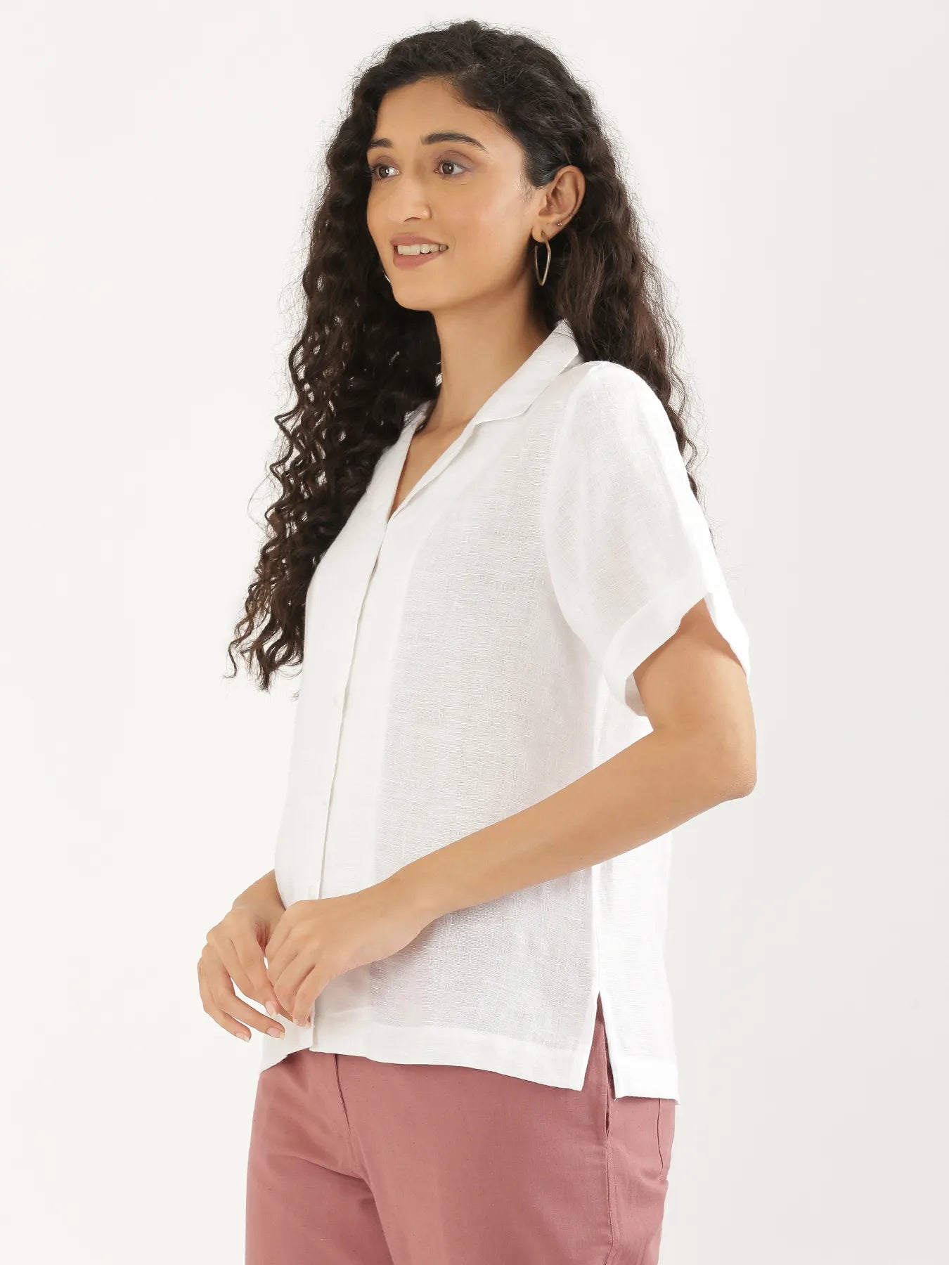 Women White Pure Linen Notch Collar Shirt