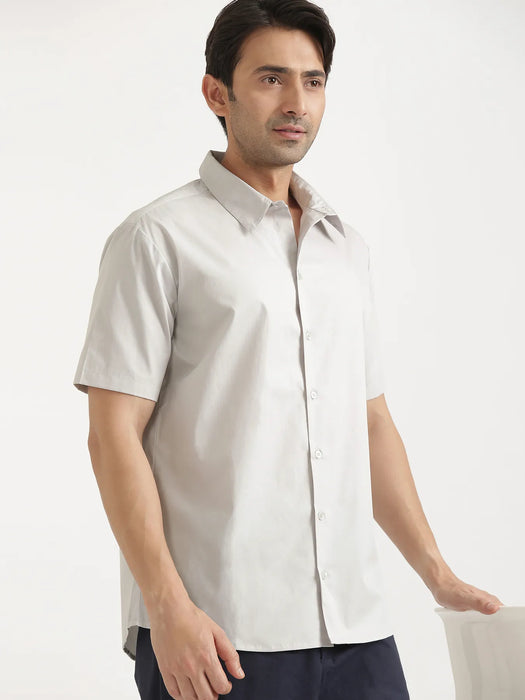 Men Light Grey Better Cotton Short Sleeve Shirt & Navy Blue Cotton Pant