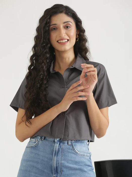 Women Dark Grey Better Cotton Crop Shirt
