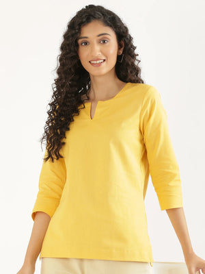 Women Yellow Airy Linen Split Neck Short Kurta