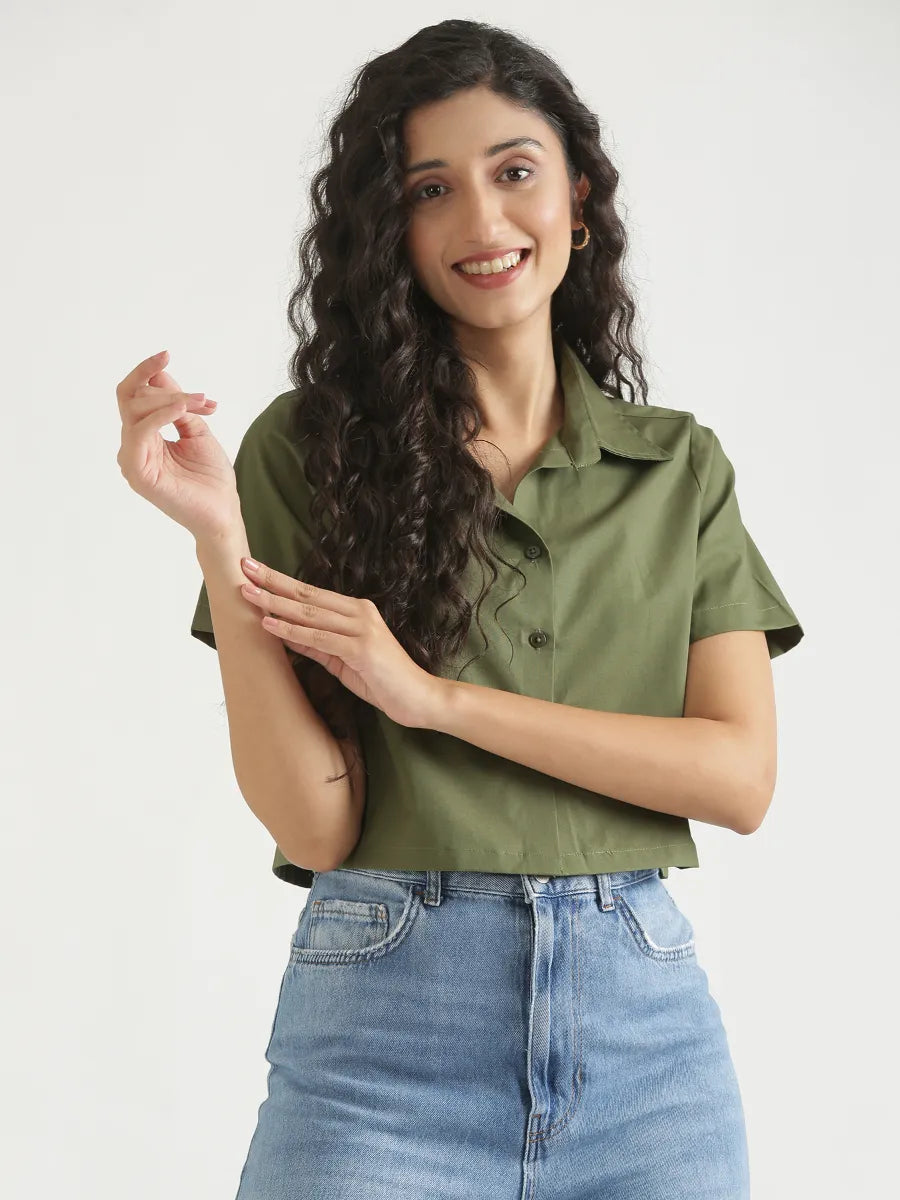 Women Forest Green Better Cotton Crop Shirt