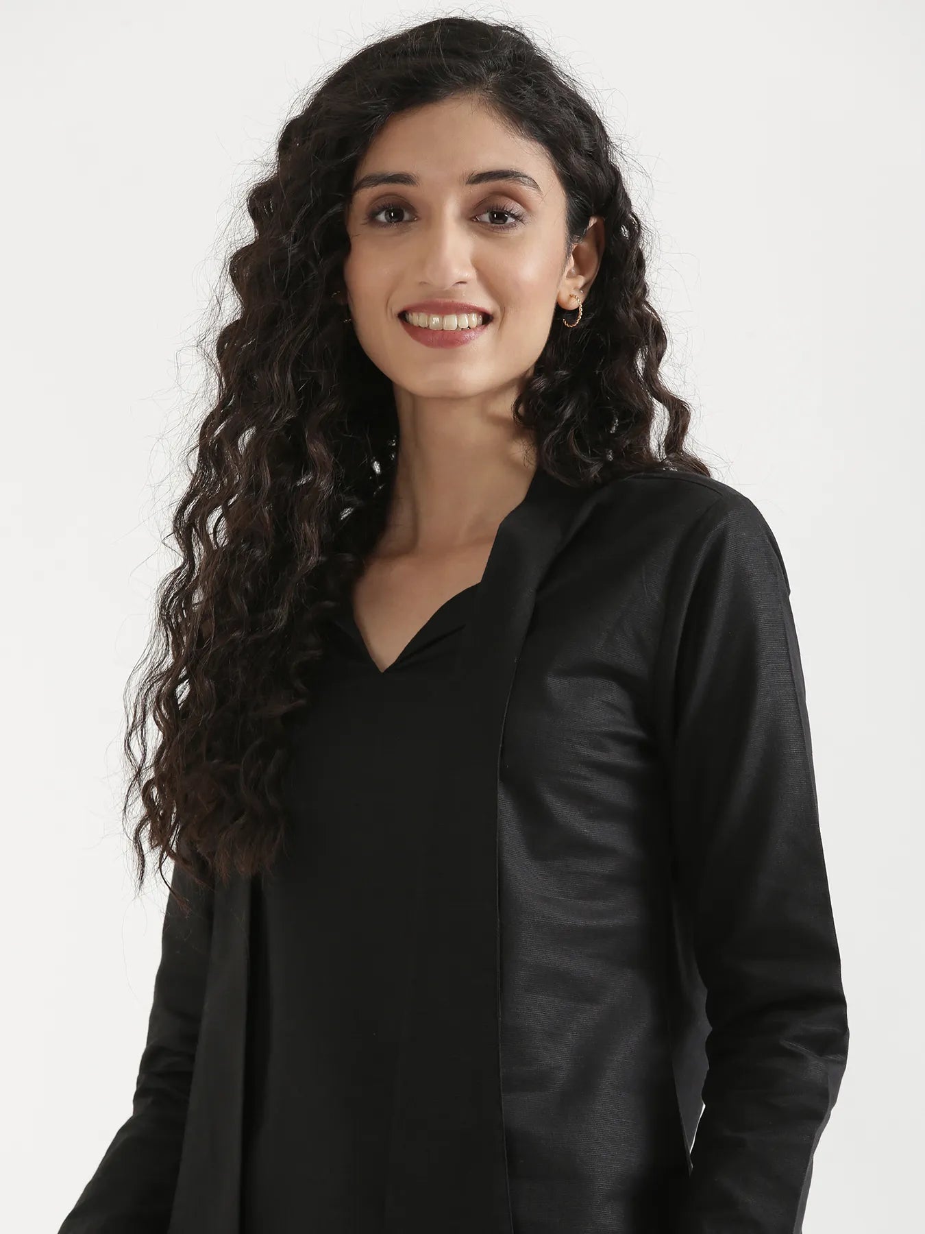 Women Black Linen Blend Knot Blouse