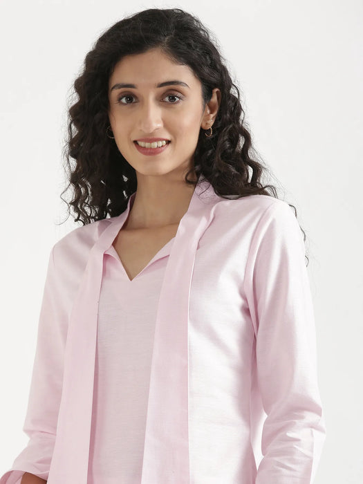 Women Blush Pink Linen Blend Knot Blouse & White Airy Linen Straight Pants Pant Set