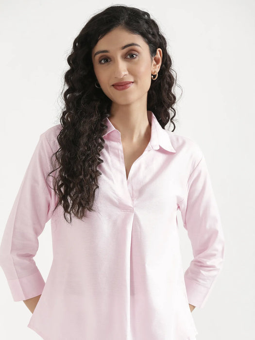 Women Blush Pink Linen Blend Pleated Top & White Airy Linen Wide Leg Pants Pant Set