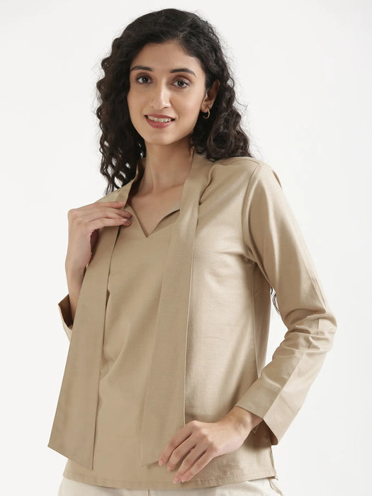Women Taupe Linen Blend Knot Blouse