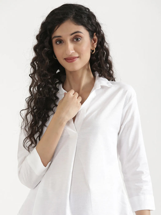 Women White Linen Blend Pleated Top