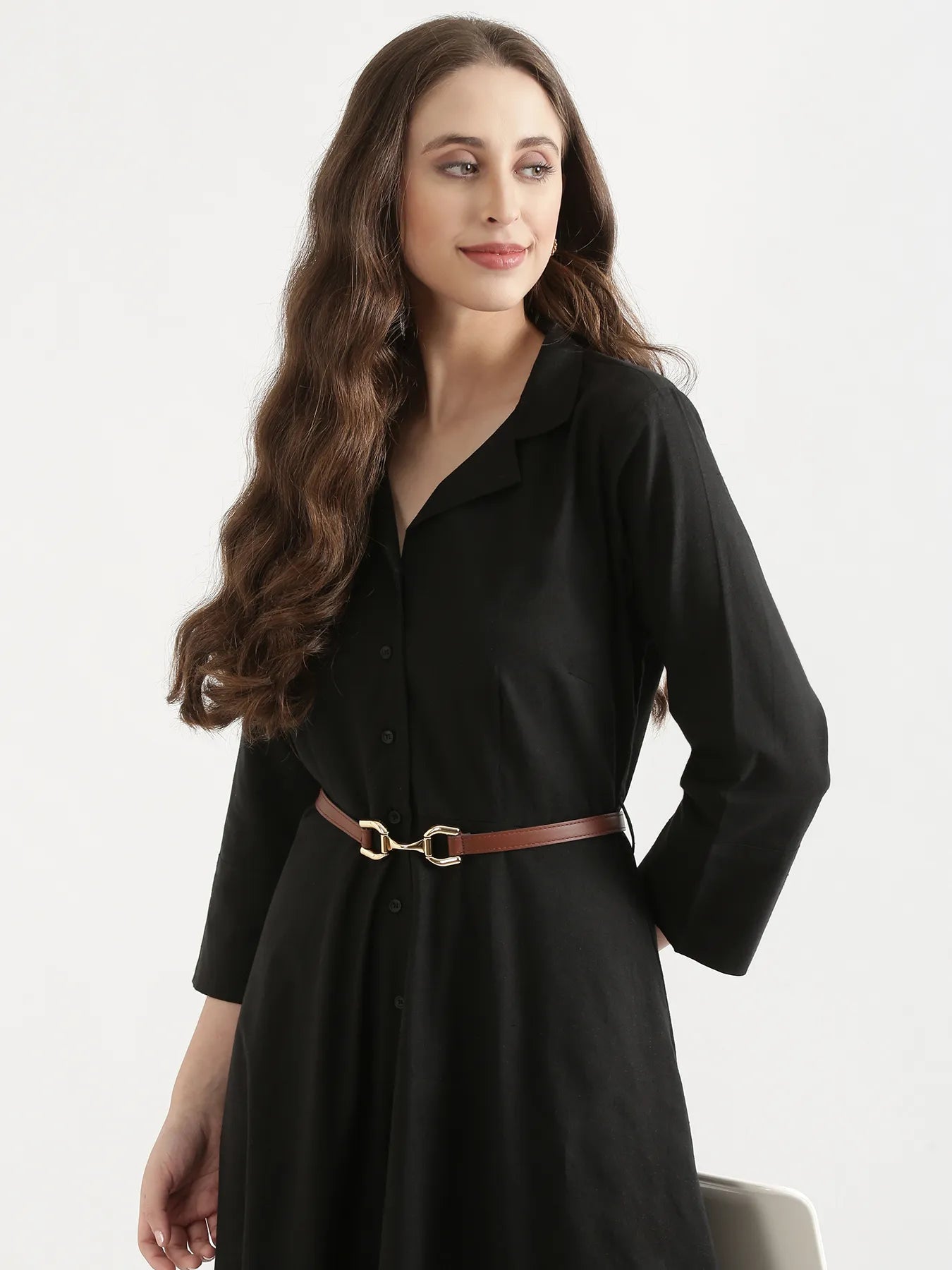 Women Black Airy Linen Flared Dress