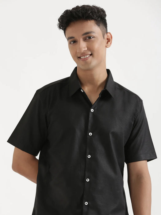 Men Black Linen Blend Short Sleeve Shirt