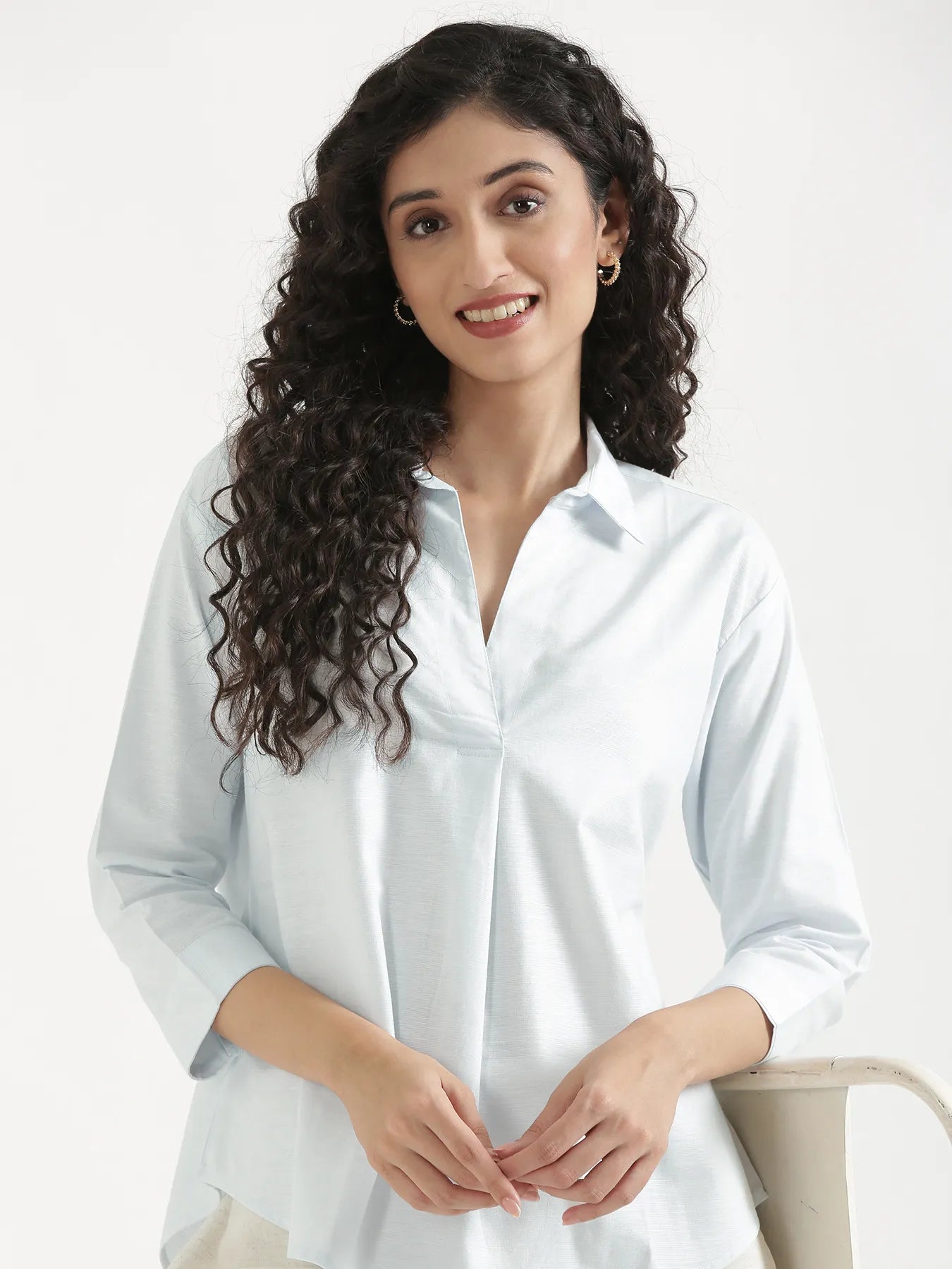 Women Powder Blue Linen Blend Pleated Top & Ecru Airy Linen Wide Leg Pants Pant Set