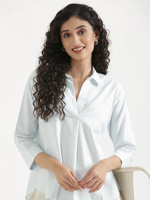 Women Powder Blue Linen Blend Pleated Top & Ecru Airy Linen Wide Leg Pants Pant Set