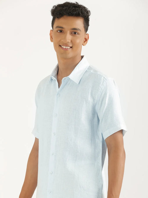 Men Light Blue Pure Linen Short Sleeve Shirt