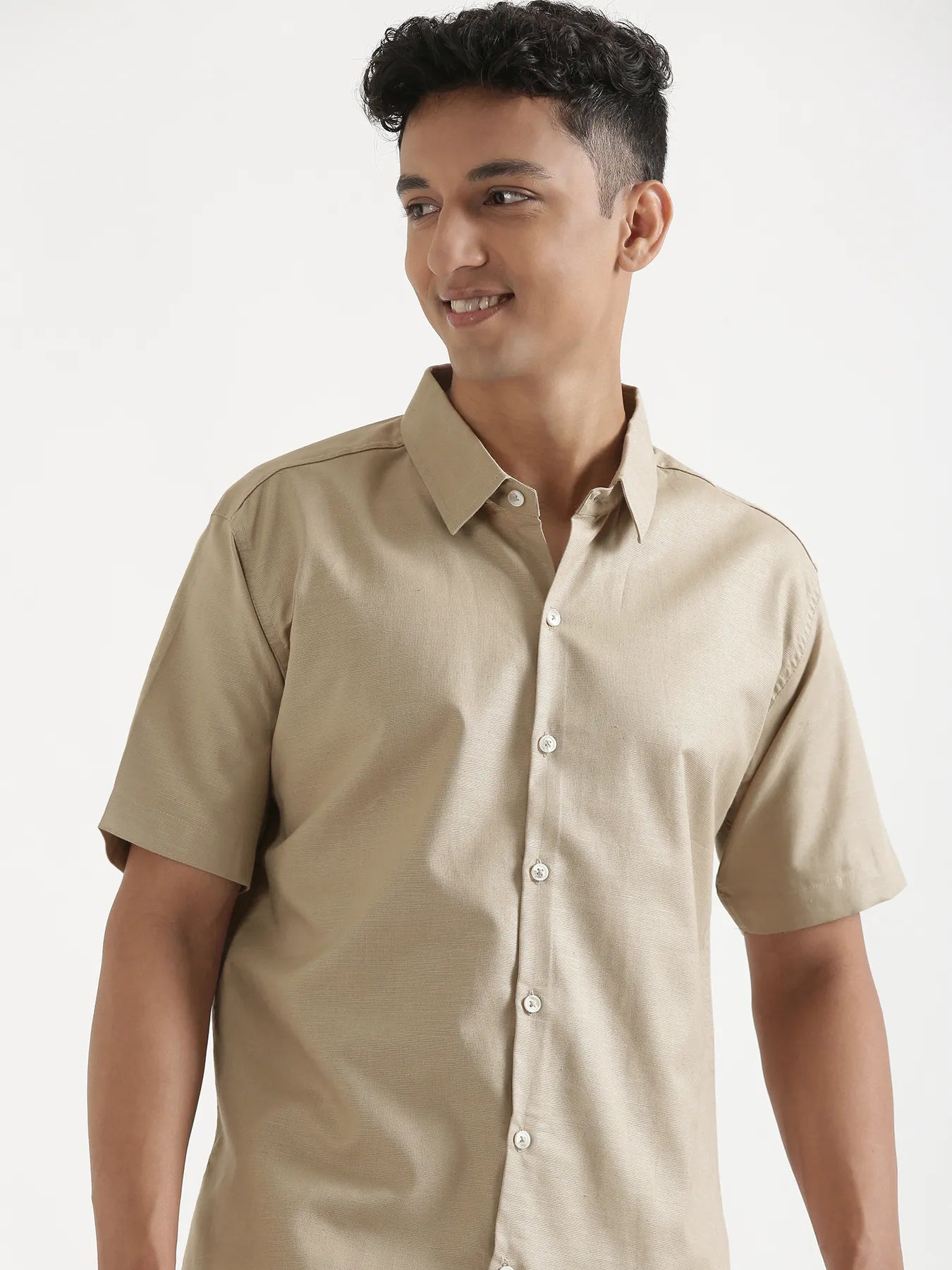 Men Taupe Linen Blend Short Sleeve Shirt