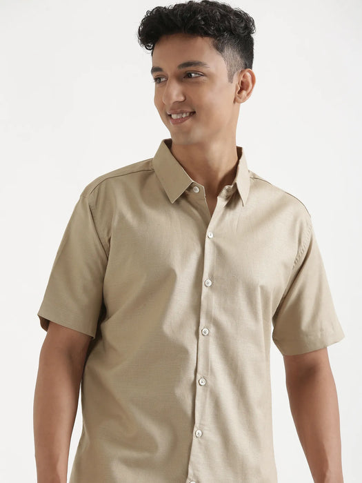 Men Taupe Linen Blend Short Sleeve Shirt