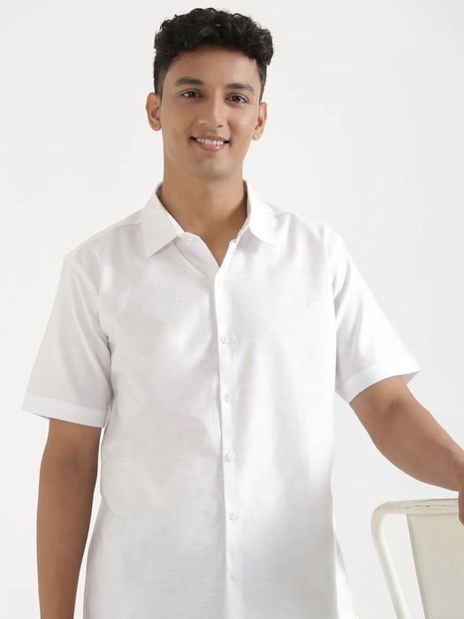 Men White Linen Blend Short Sleeve Shirt